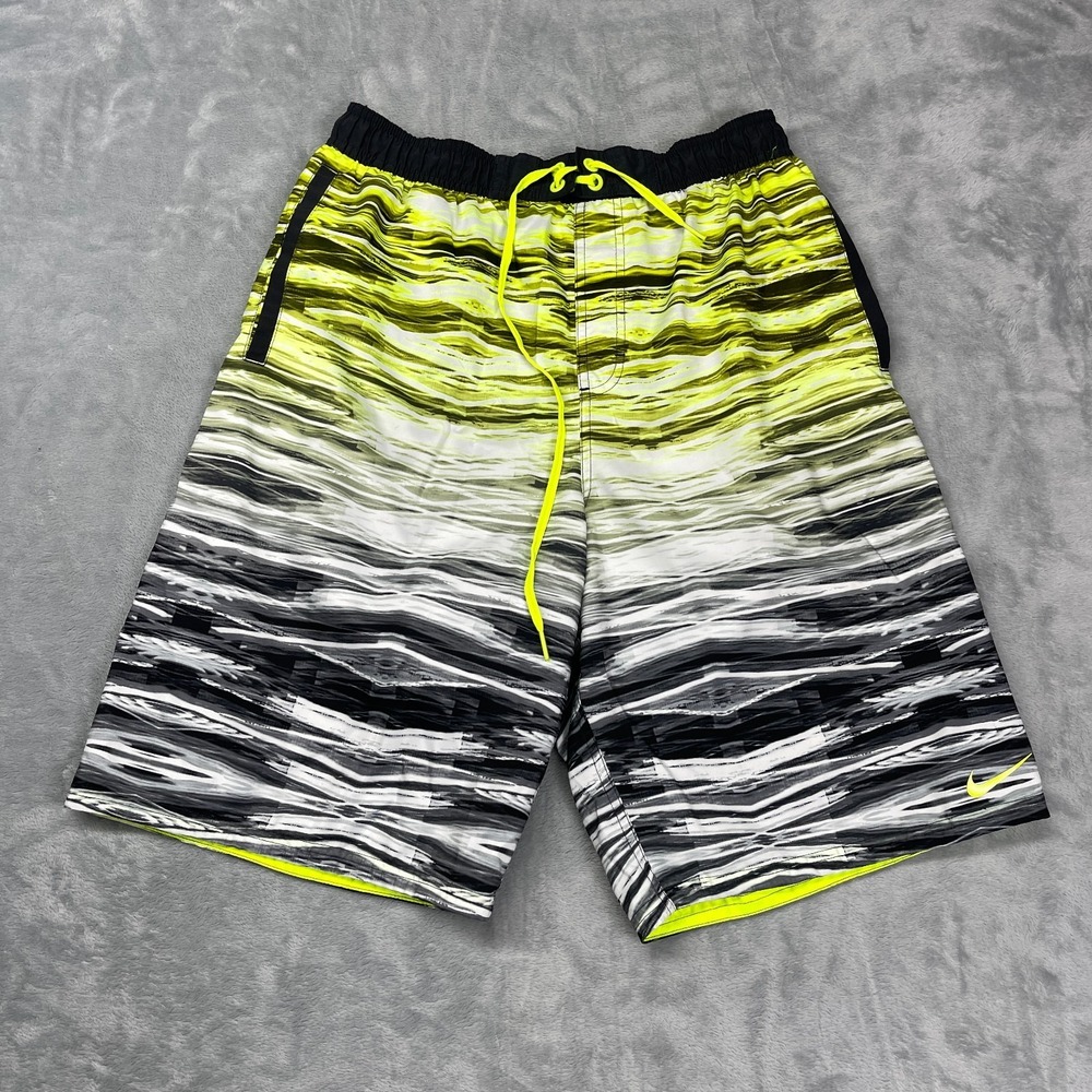 Nike Shorts Mens Large Yellow Black Abstract Stripes Board Swim Trunks Lined Y2K